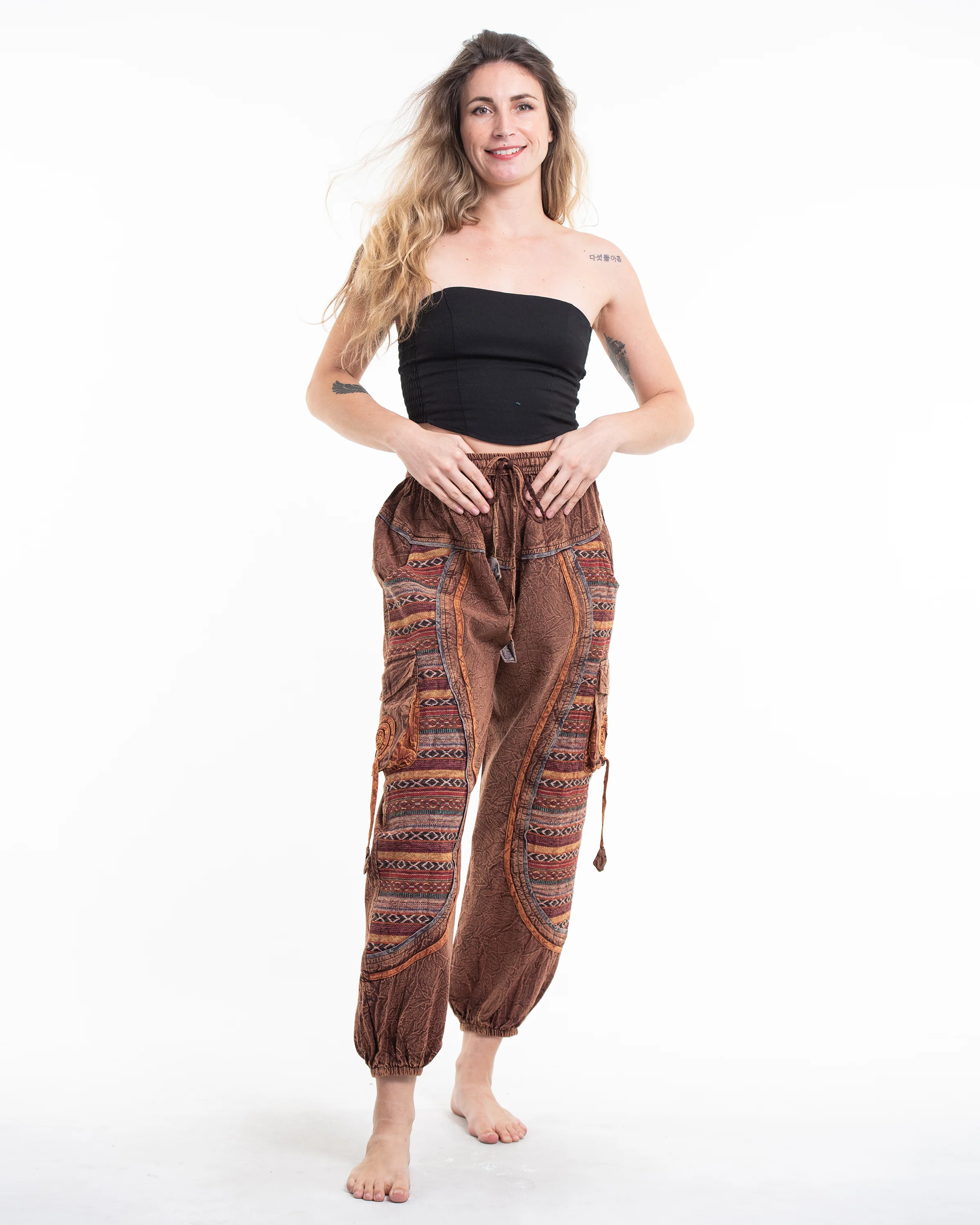 Women's Patchwork Stone Washed Cargo Cotton Pants in Brown 07