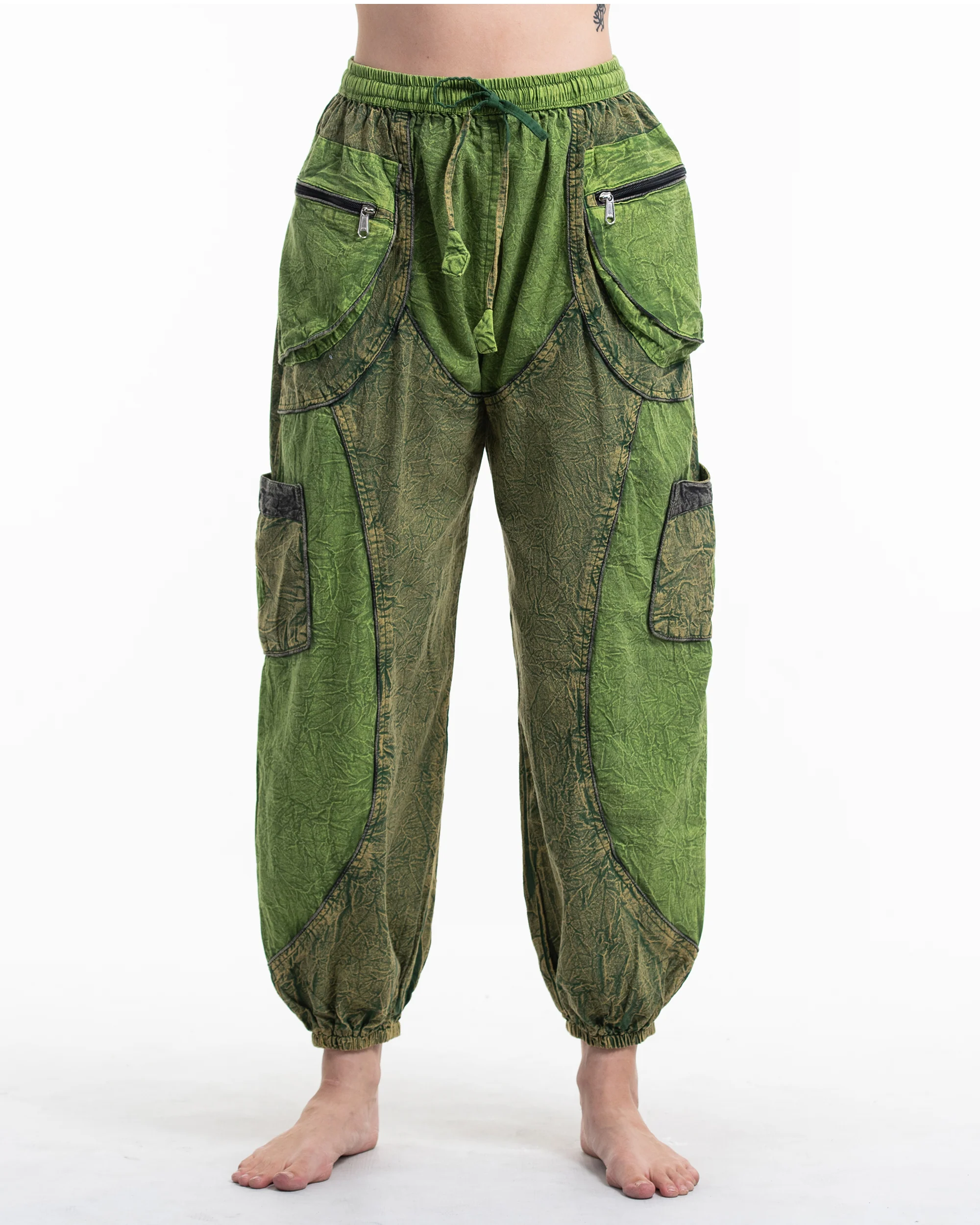 Women's Patchwork Stone Washed Cargo Cotton Pants in Green 05 - Image 2