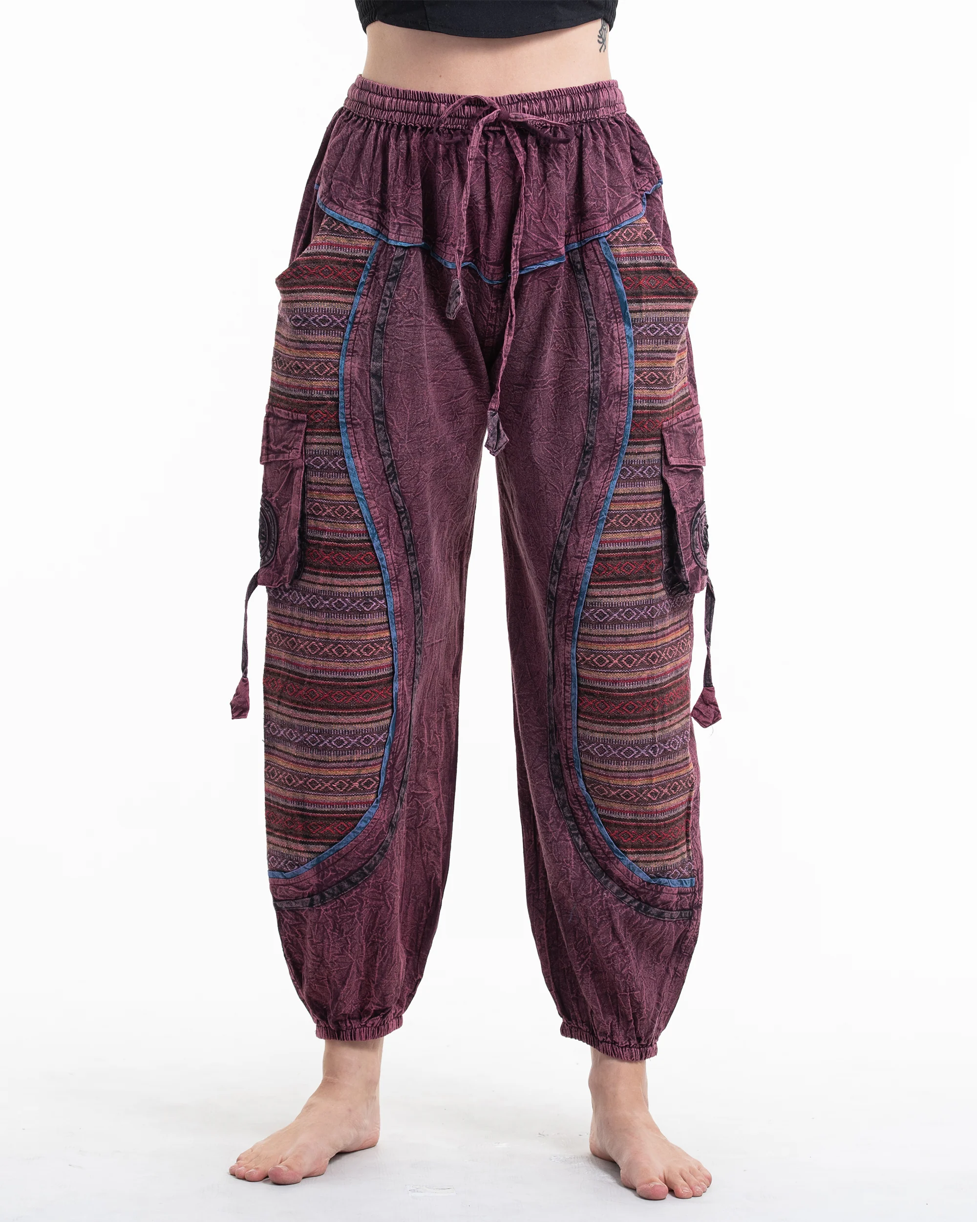 Women's Patchwork Stone Washed Cargo Cotton Pants in Maroon 07 - Image 2