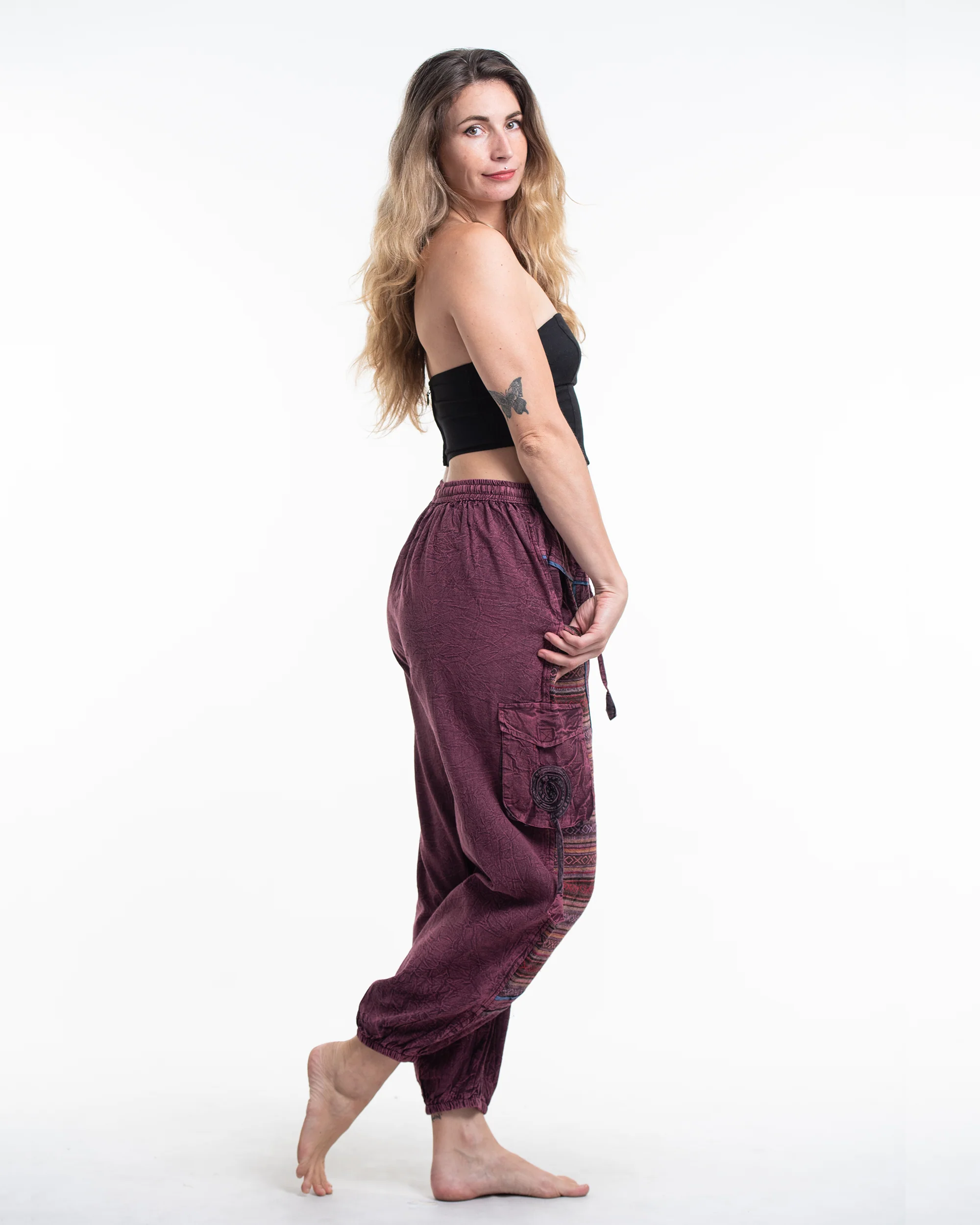 Women's Patchwork Stone Washed Cargo Cotton Pants in Maroon 07 - Image 3