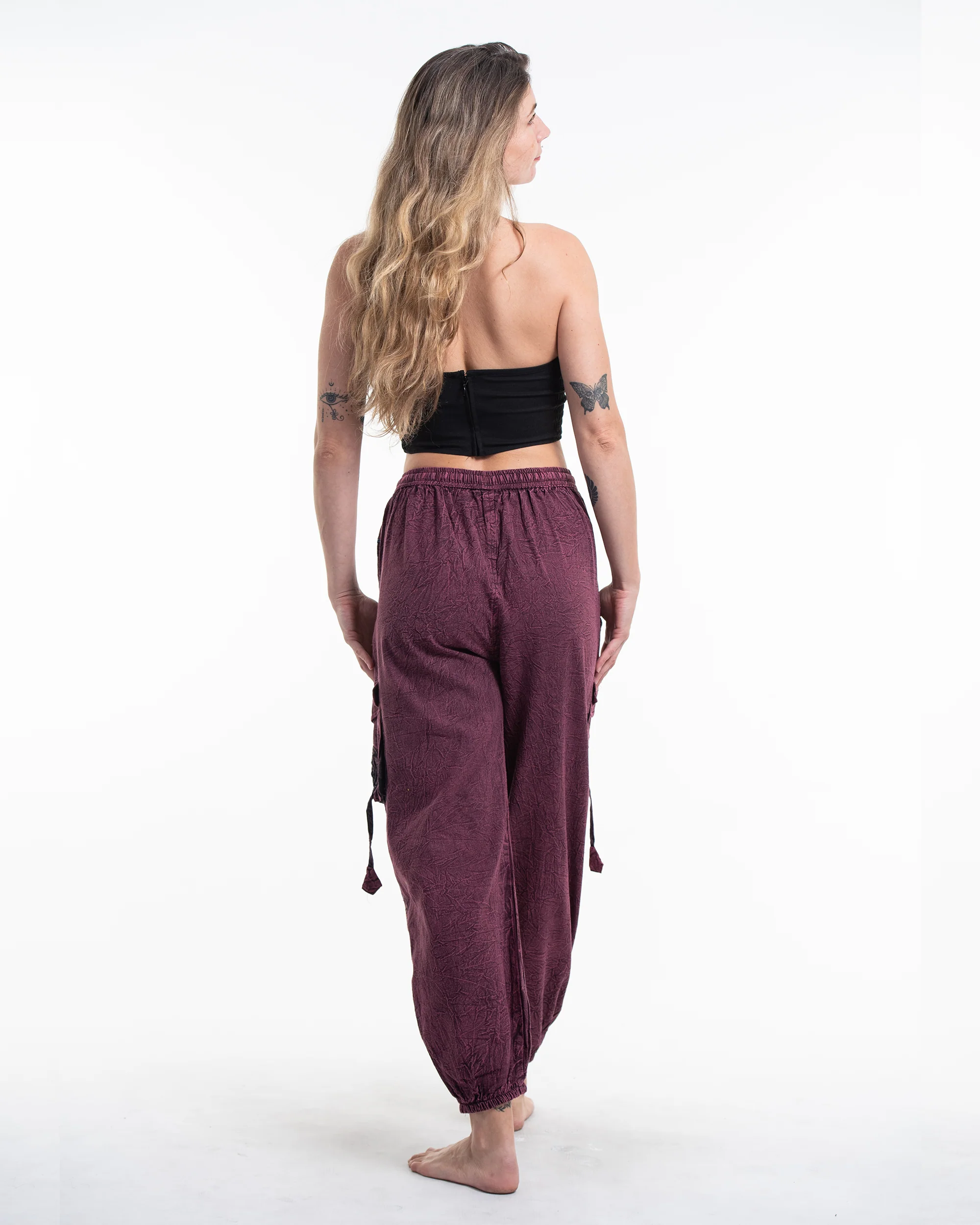 Women's Patchwork Stone Washed Cargo Cotton Pants in Maroon 07 - Image 4