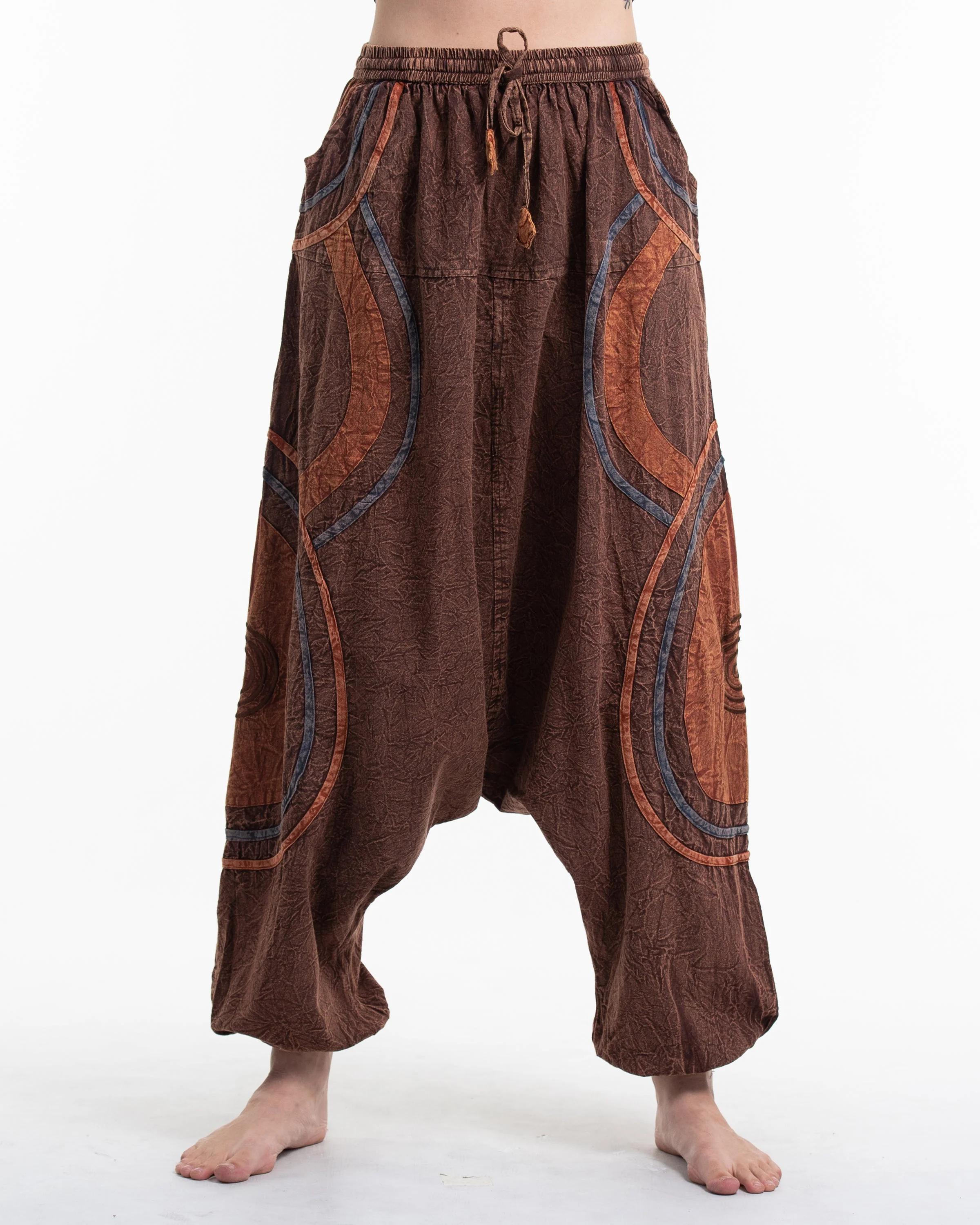 Women's Patchwork Stone Washed Low Cut Cotton Pants in Brown 01 - Image 2