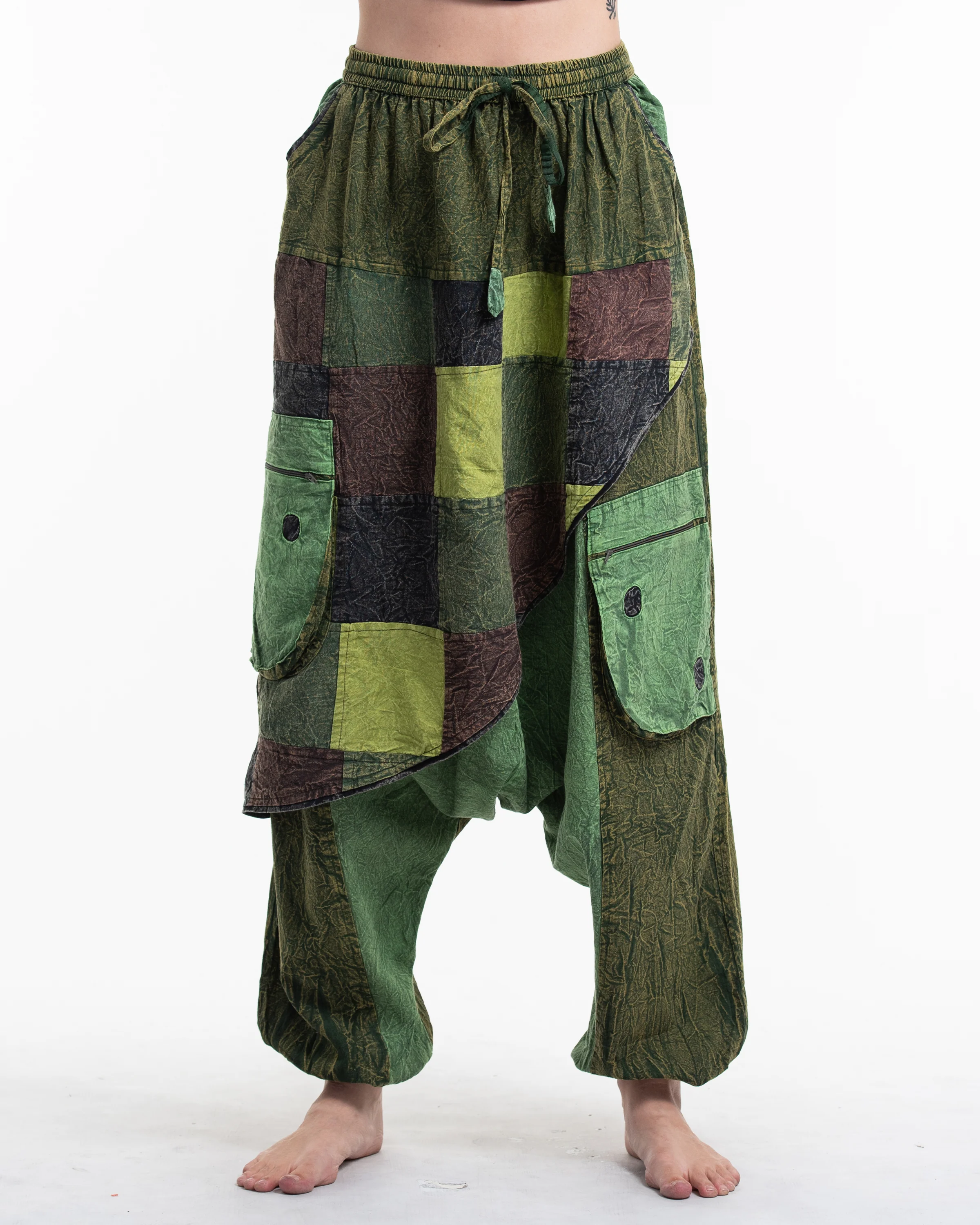Women's Patchwork Stone Washed Low Cut Cotton Pants in Green 02 - Image 2