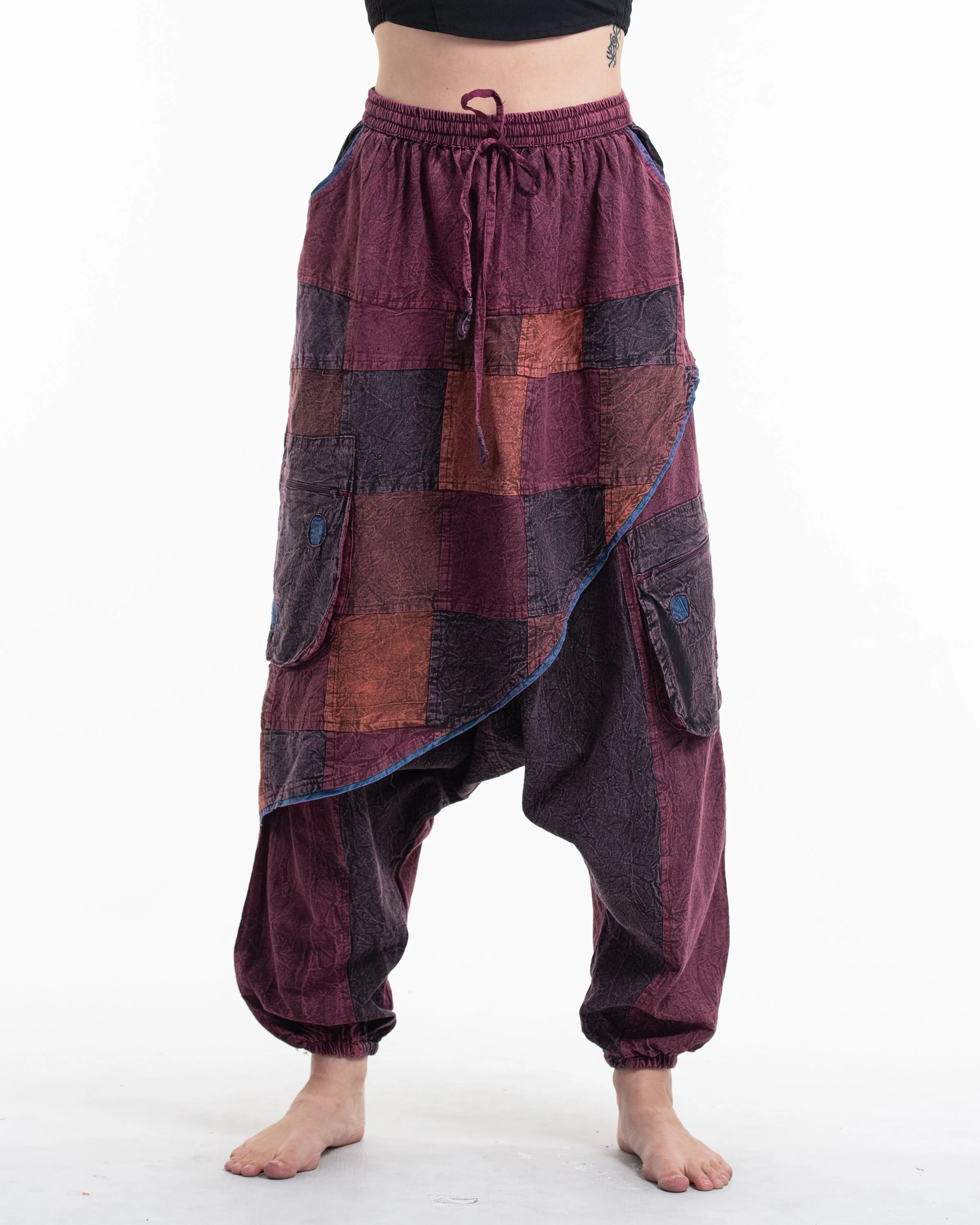Women's Patchwork Stone Washed Low Cut Cotton Pants in Maroon 02 - Image 2