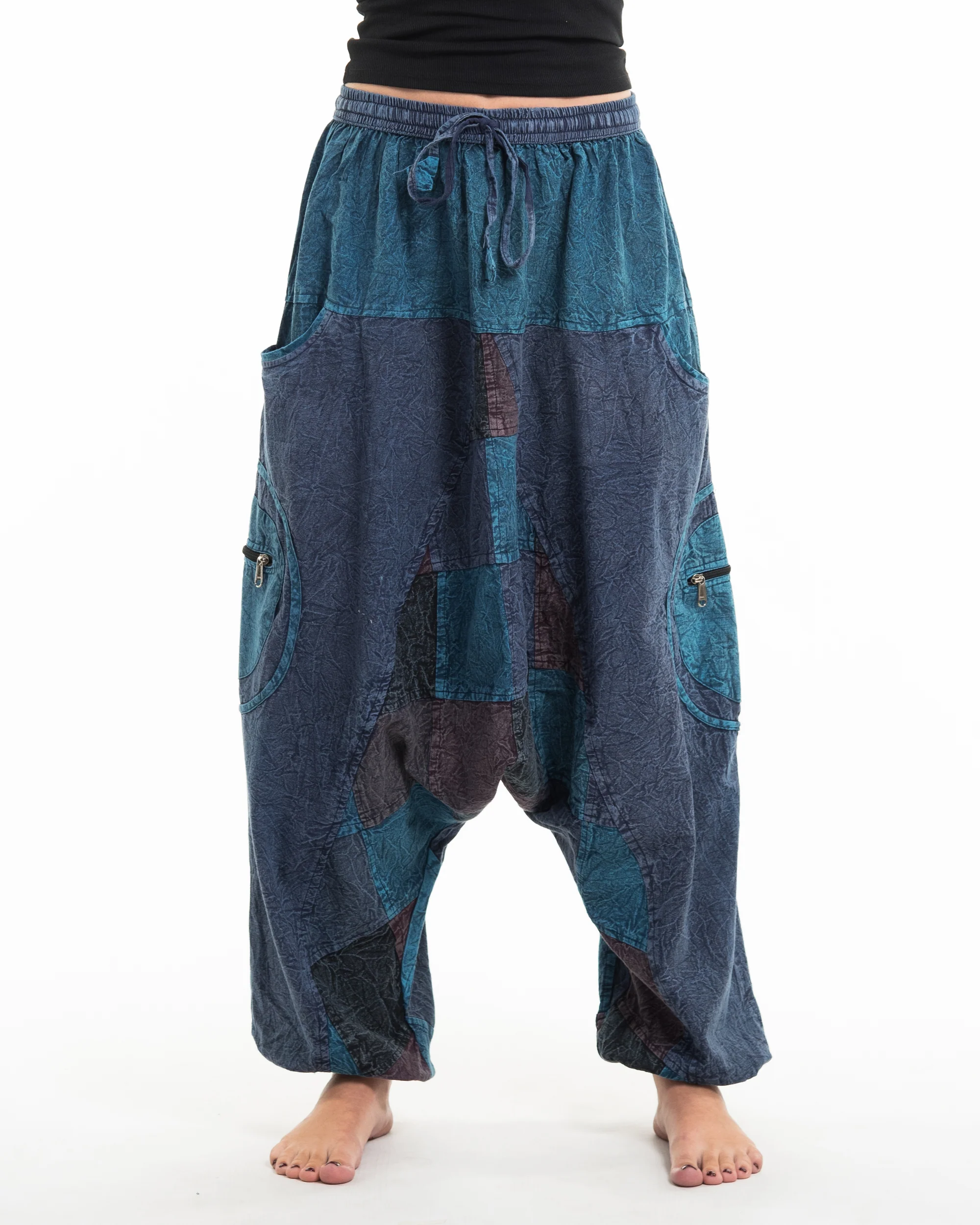 Women's Patchwork Stone Washed Low Cut Cotton Pants in Navy 03 - Image 2
