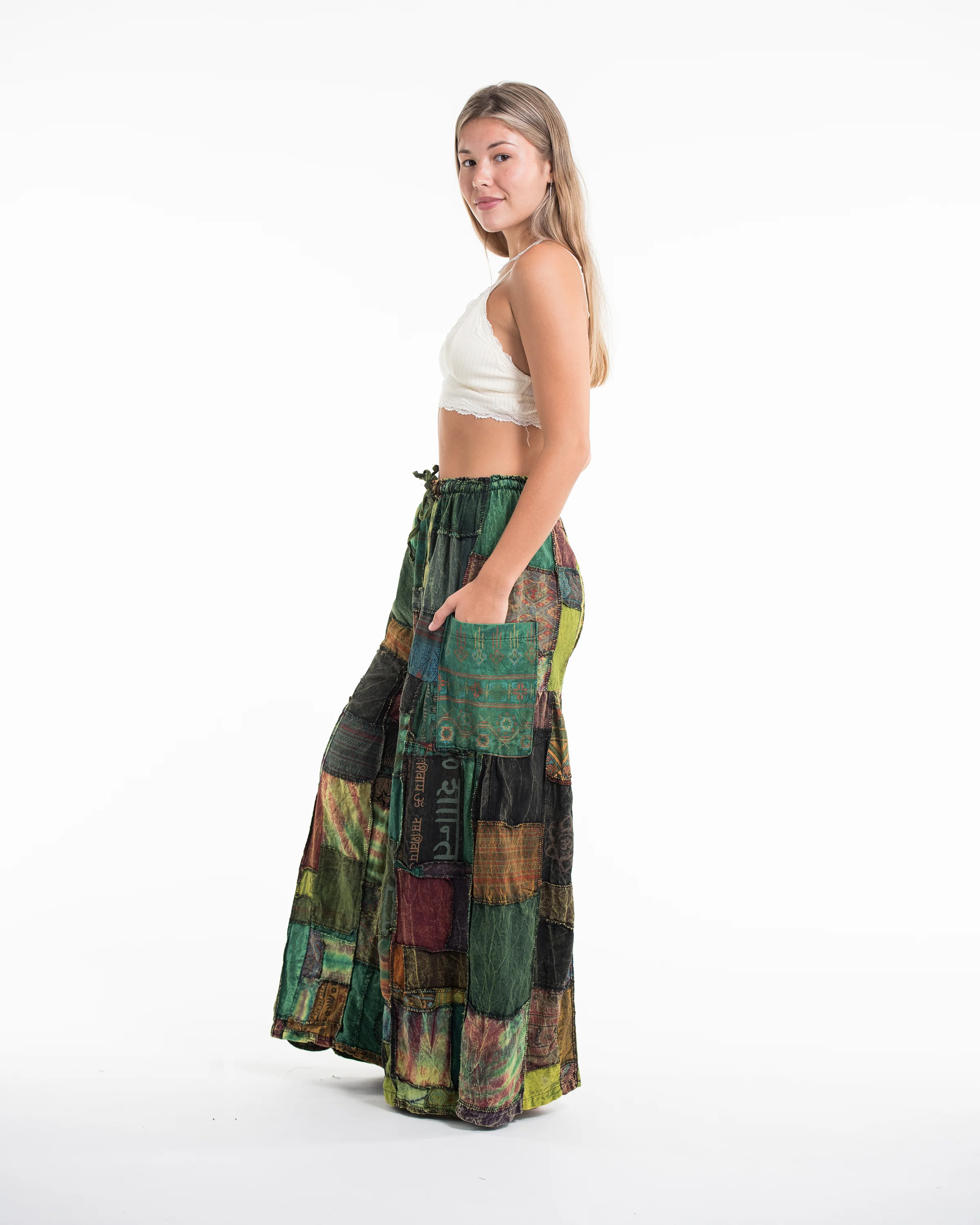 Women's Patchwork Stone Washed Wide Leg Cotton Pants in Dawn - Image 3