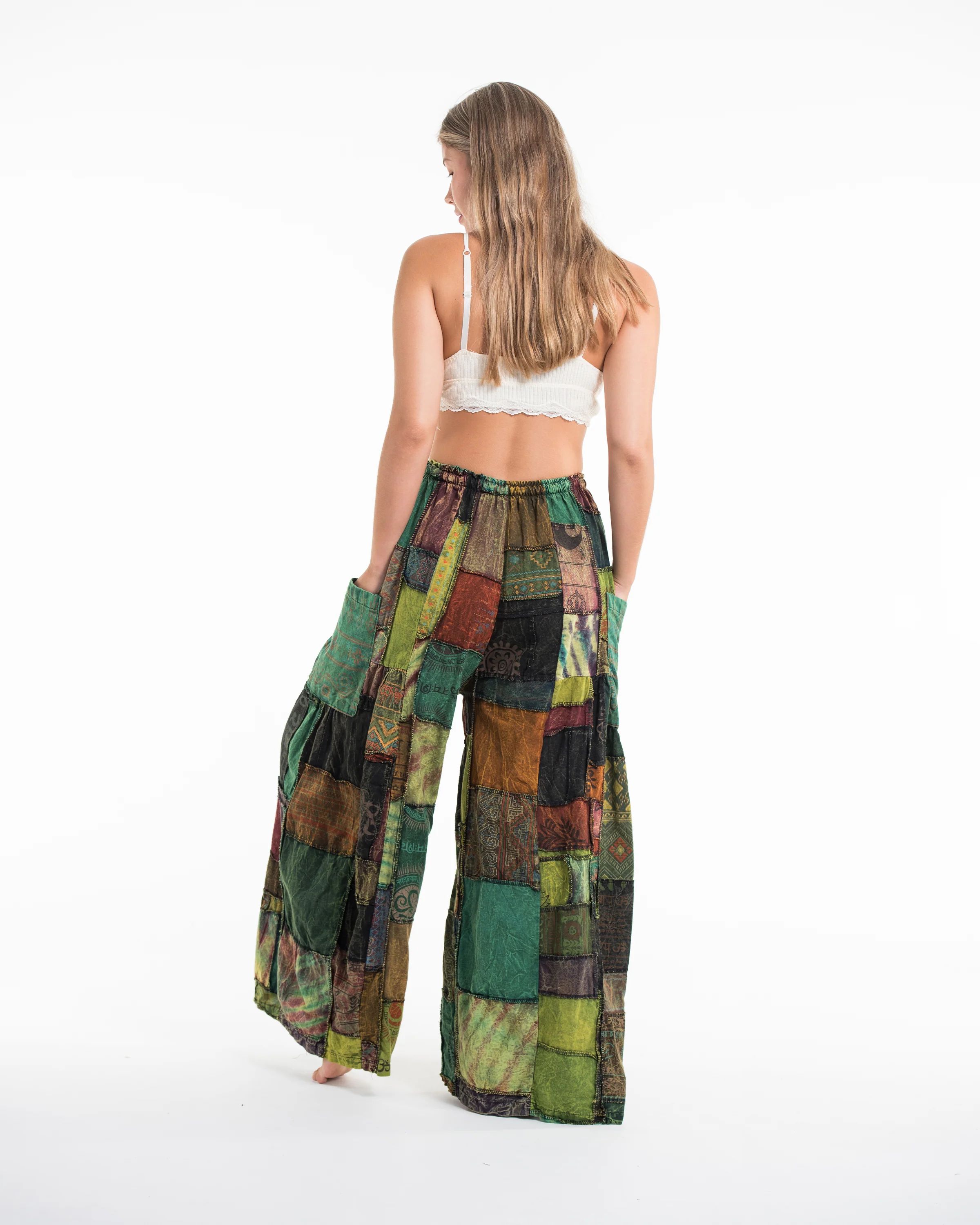 Women's Patchwork Stone Washed Wide Leg Cotton Pants in Dawn - Image 4