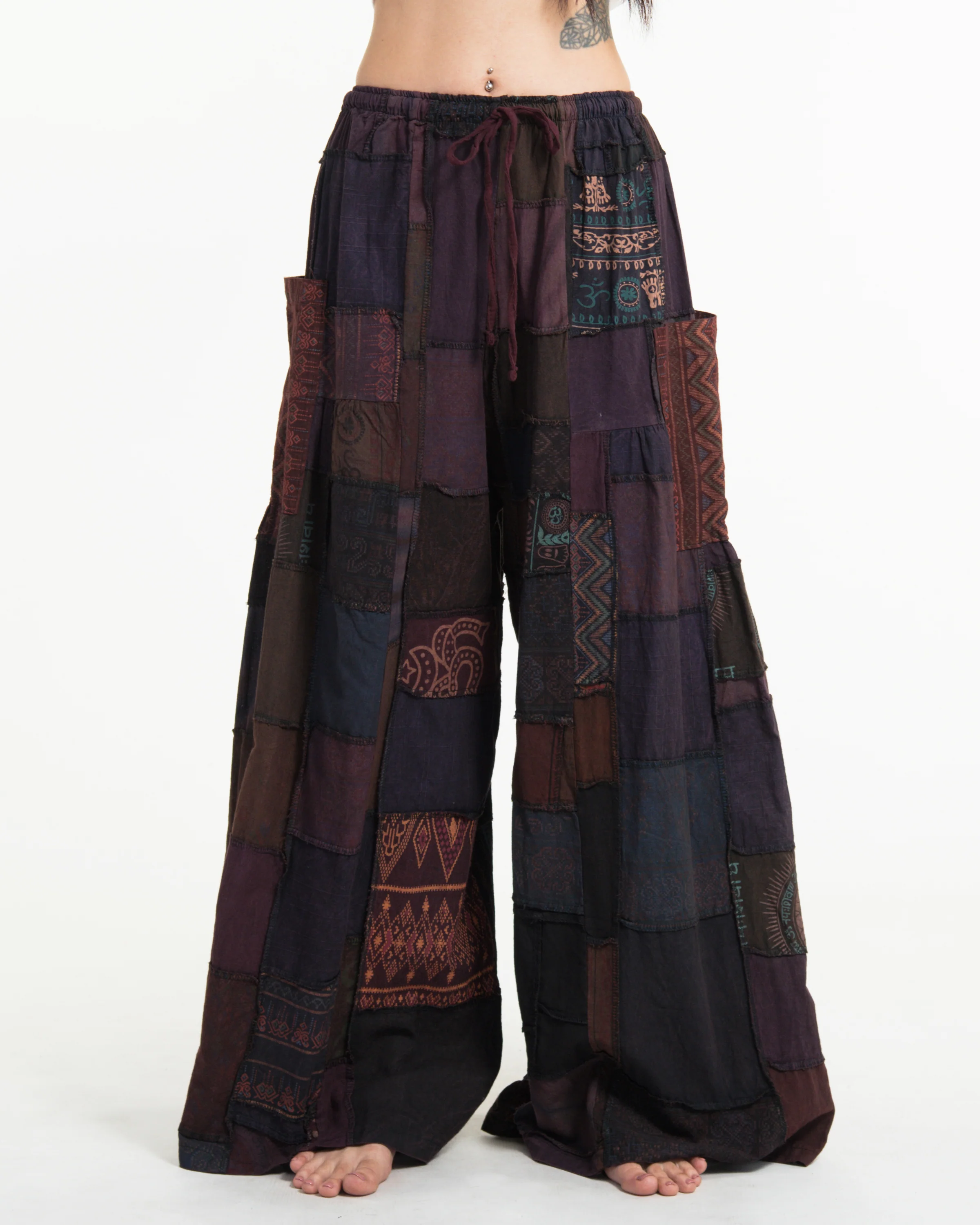 Women's Patchwork Stone Washed Wide Leg Cotton Pants in Dayfade - Image 2