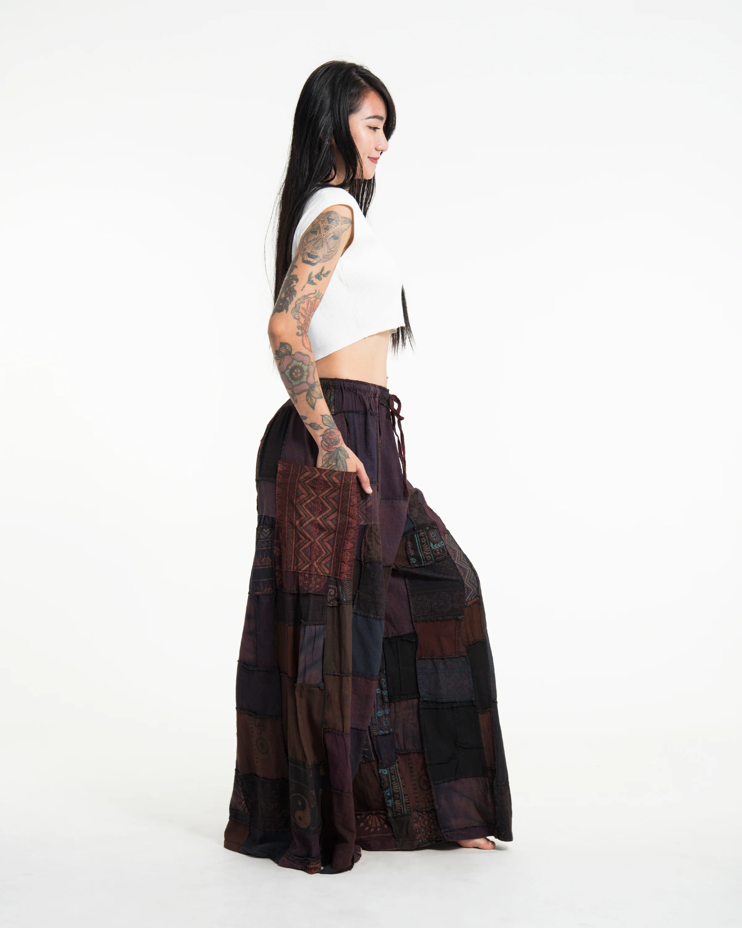 Women's Patchwork Stone Washed Wide Leg Cotton Pants in Dayfade - Image 3