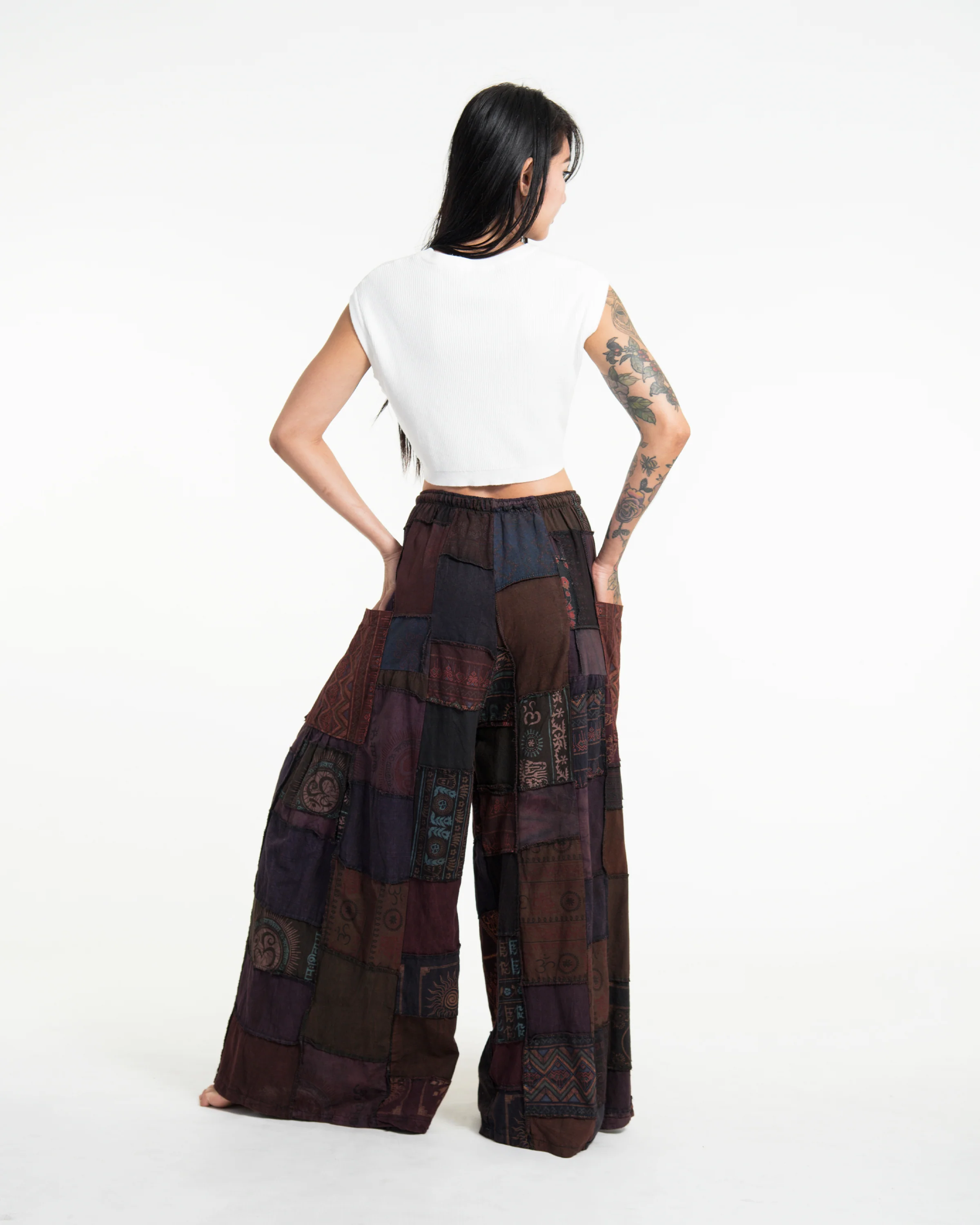 Women's Patchwork Stone Washed Wide Leg Cotton Pants in Dayfade - Image 4