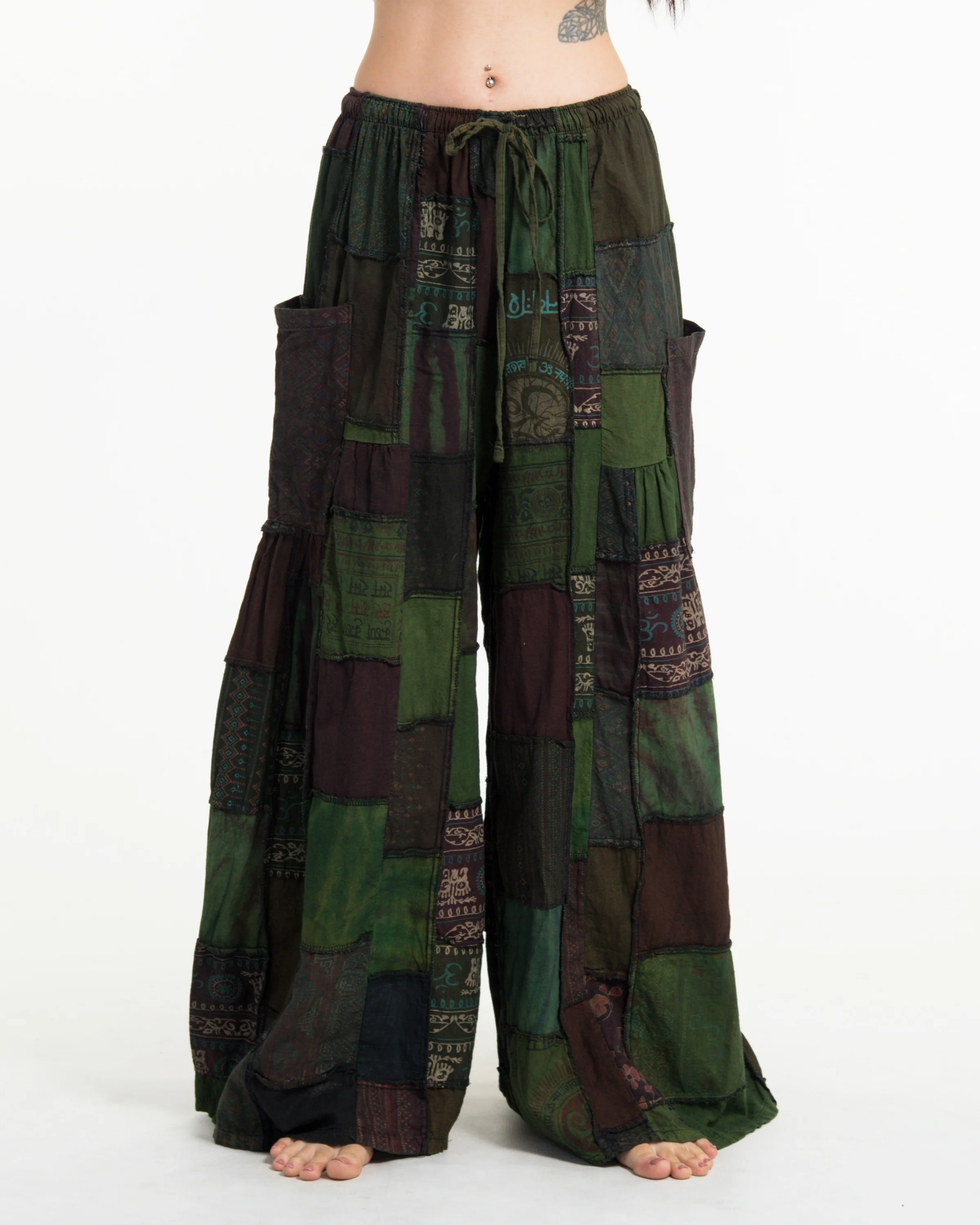 Women's Patchwork Stone Washed Wide Leg Cotton Pants in Dew - Image 2