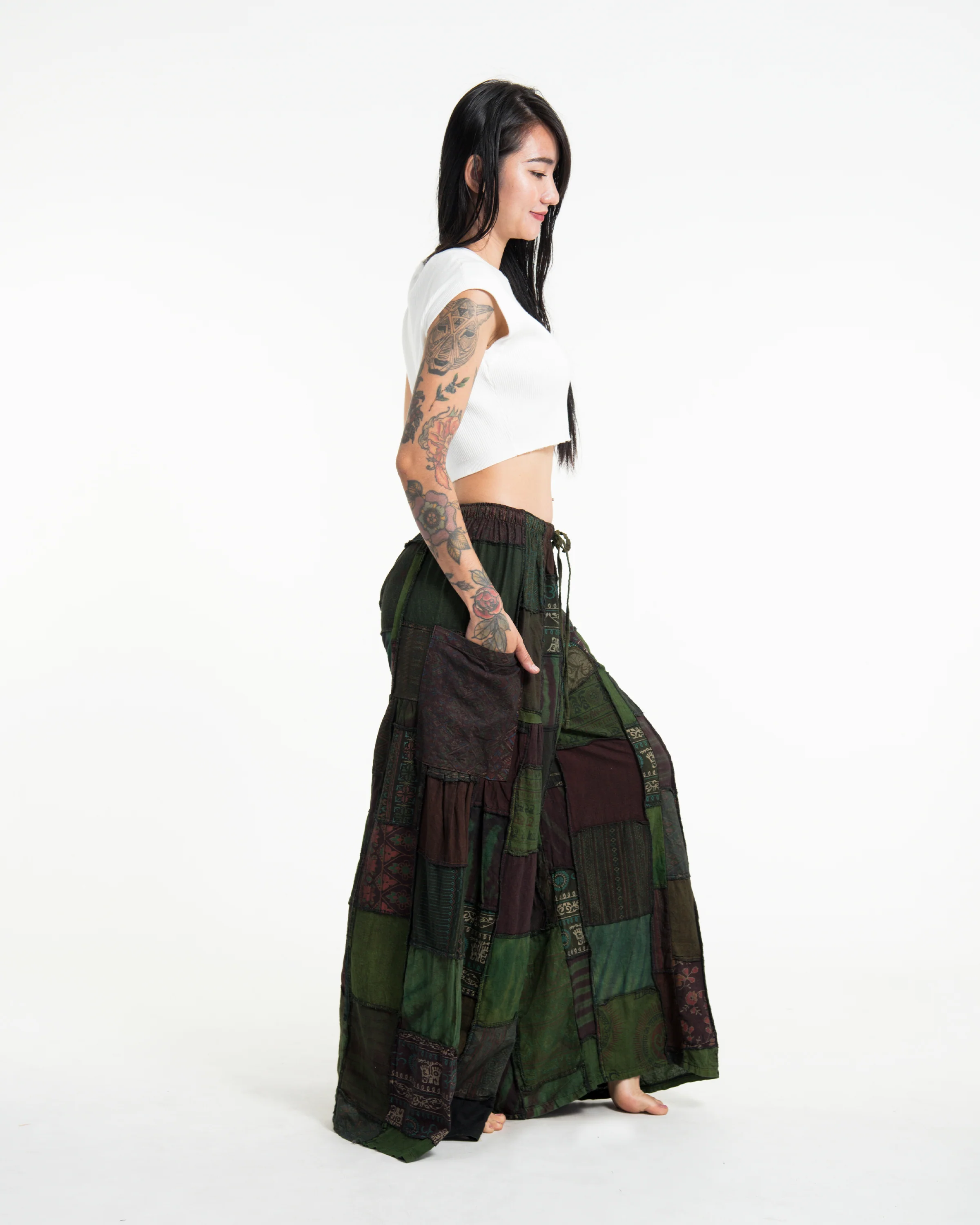 Women's Patchwork Stone Washed Wide Leg Cotton Pants in Dew - Image 3