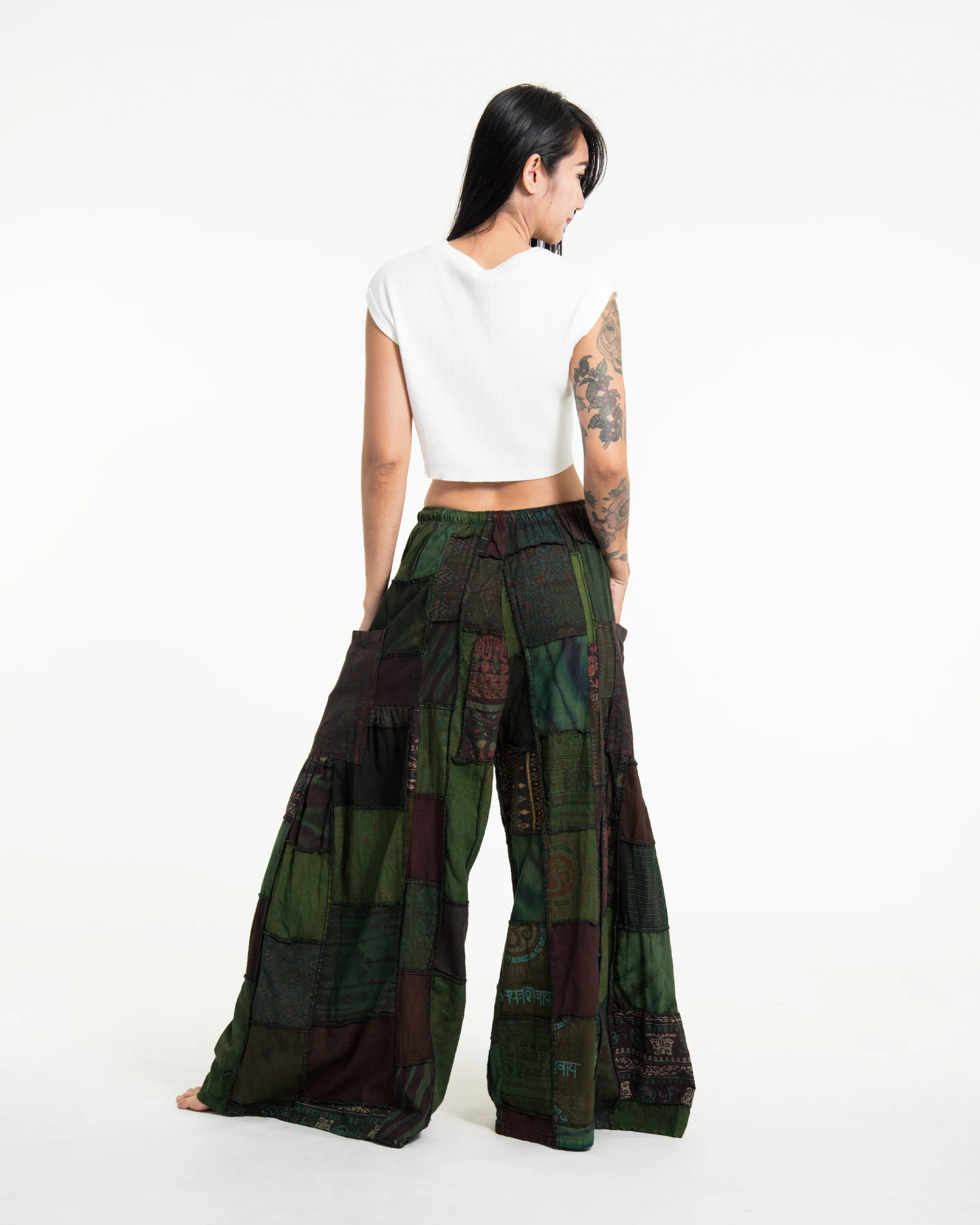 Women's Patchwork Stone Washed Wide Leg Cotton Pants in Dew - Image 4