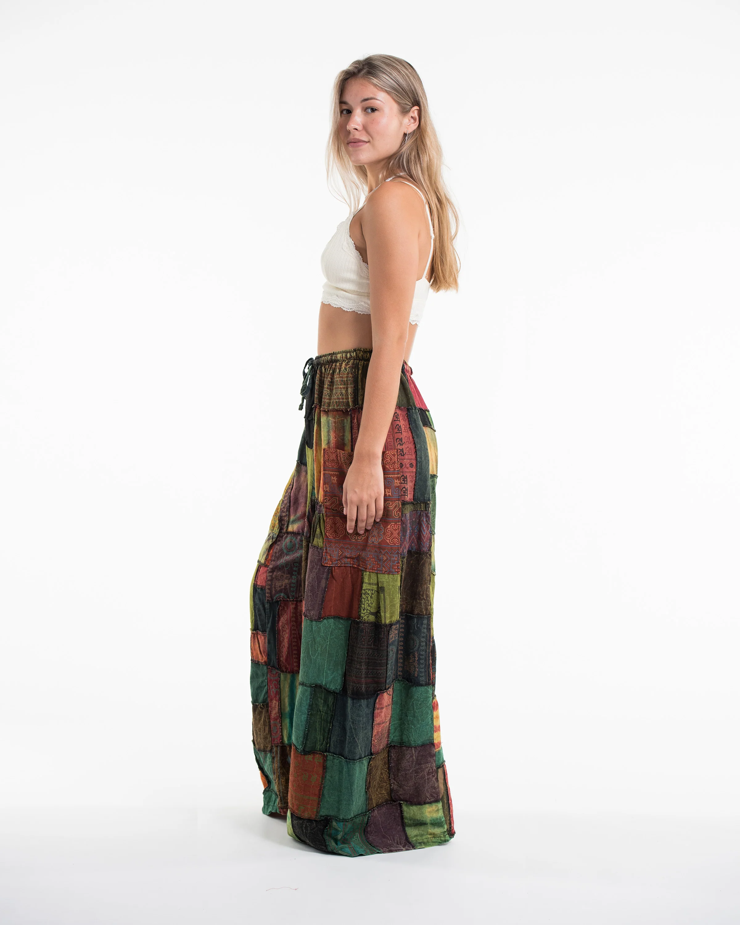 Women's Patchwork Stone Washed Wide Leg Cotton Pants in Dune - Image 3