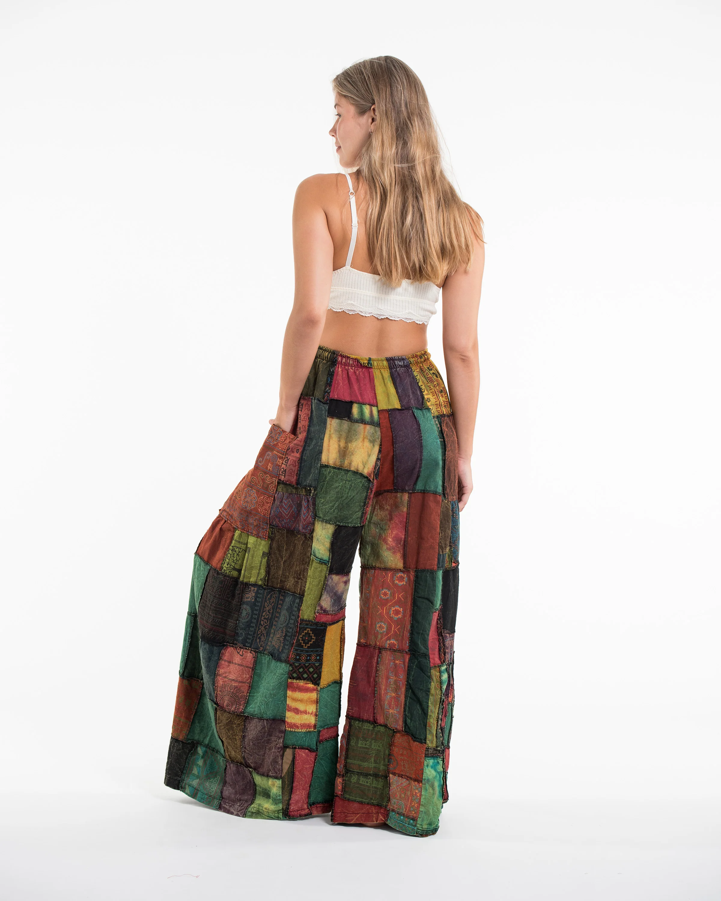 Women's Patchwork Stone Washed Wide Leg Cotton Pants in Dune - Image 4