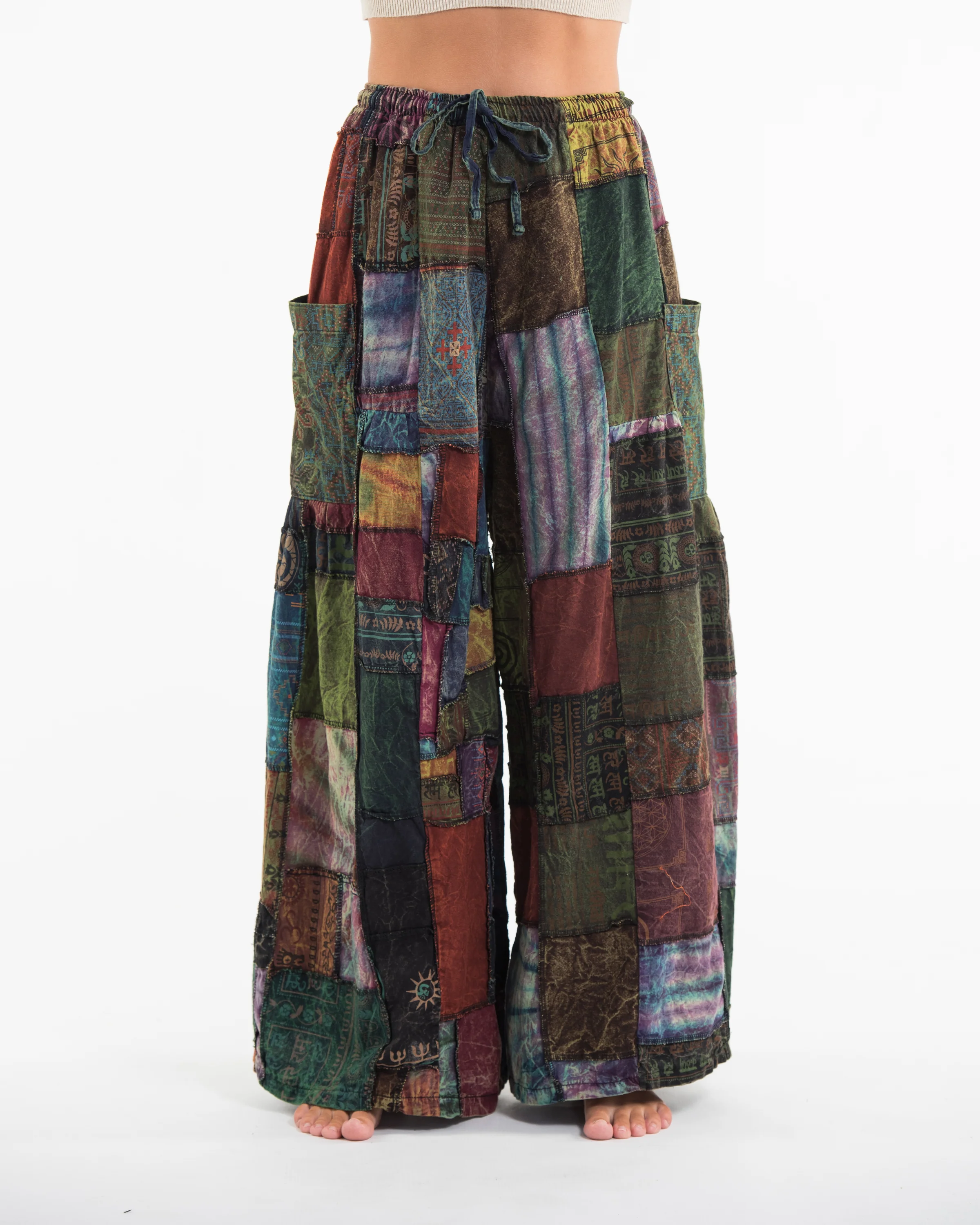 Women's Patchwork Stone Washed Wide Leg Cotton Pants in Dusk - Image 2