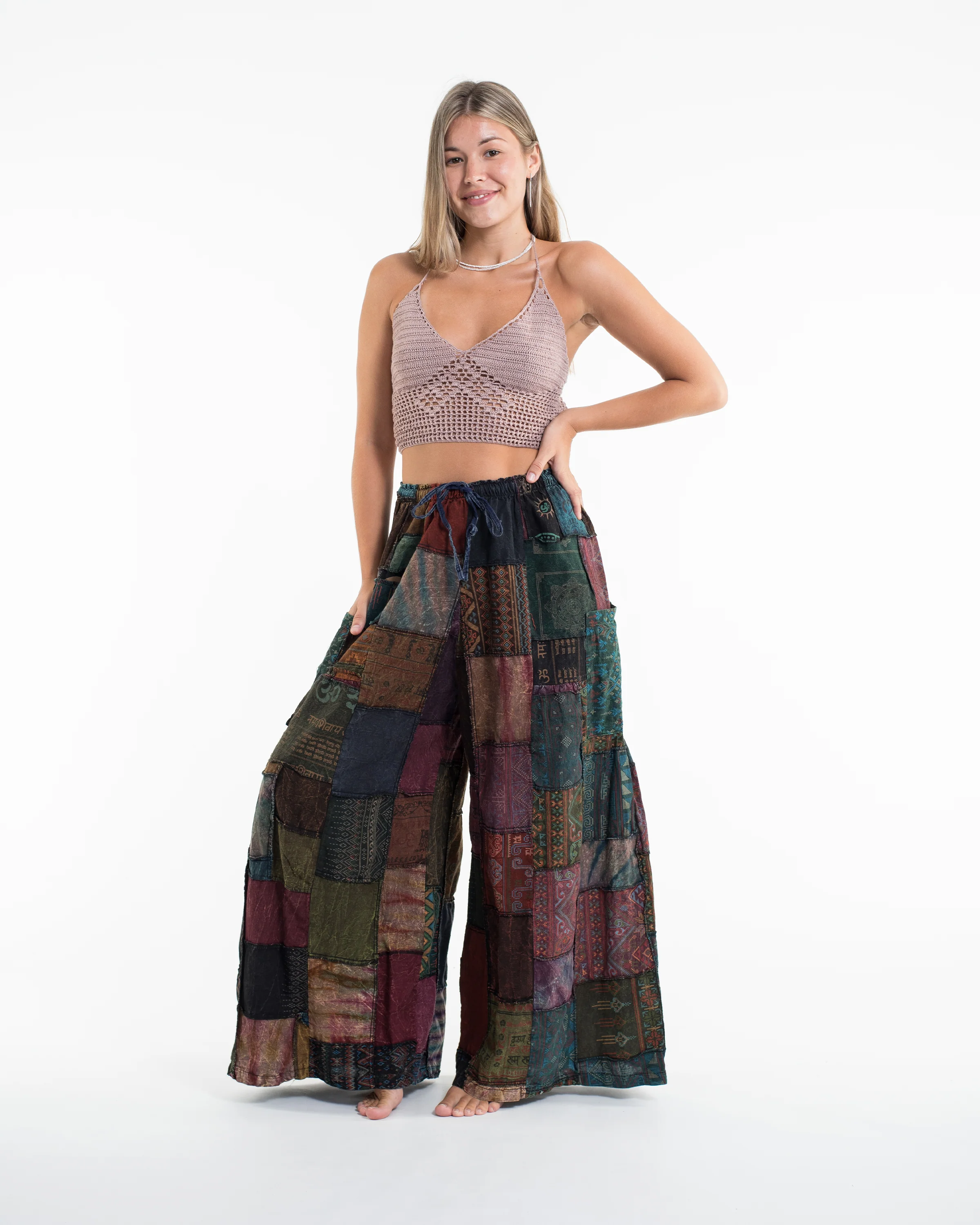 Women's Patchwork Stone Washed Wide Leg Cotton Pants in Dusk - Image 4