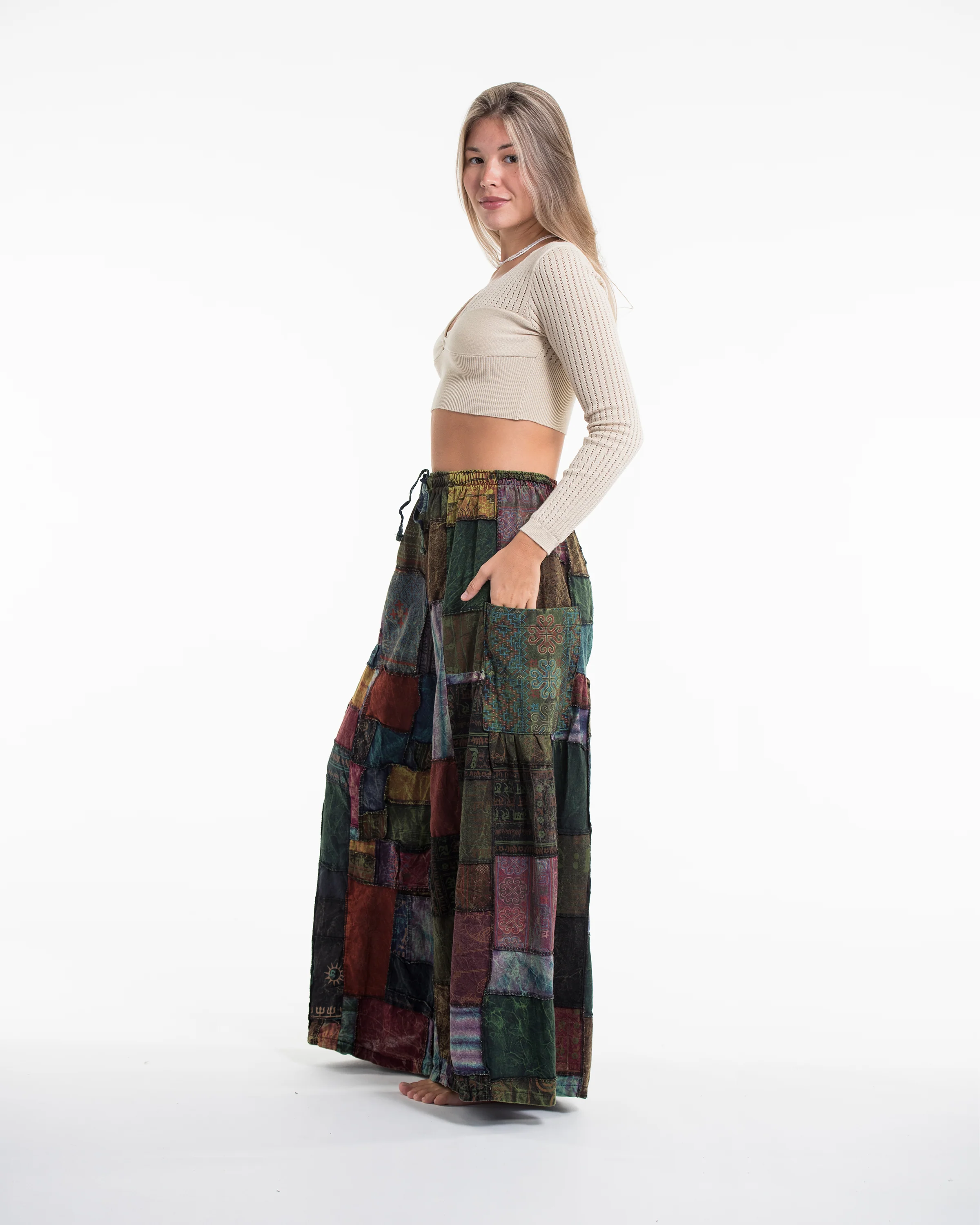 Women's Patchwork Stone Washed Wide Leg Cotton Pants in Dusk - Image 5