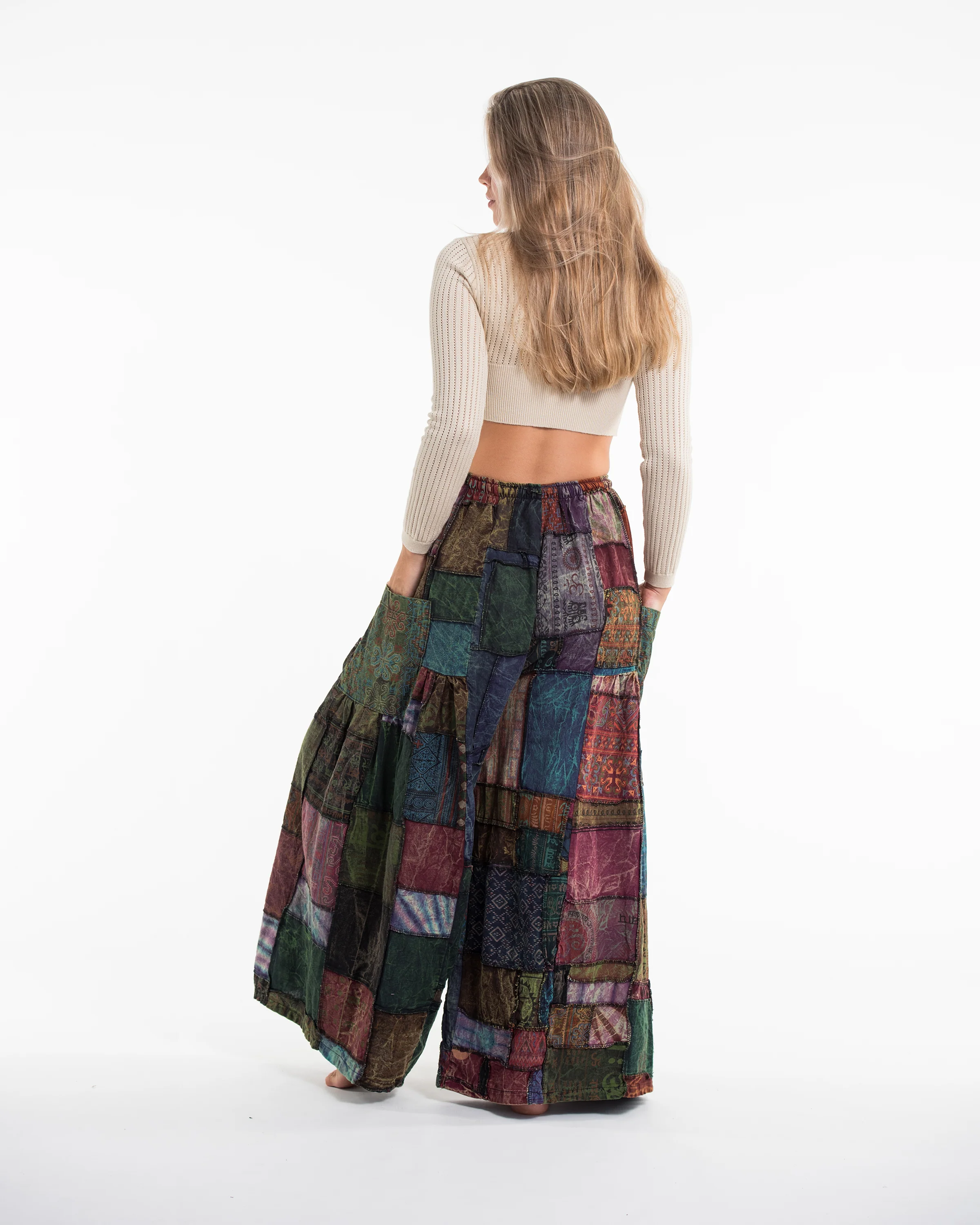 Women's Patchwork Stone Washed Wide Leg Cotton Pants in Dusk - Image 6