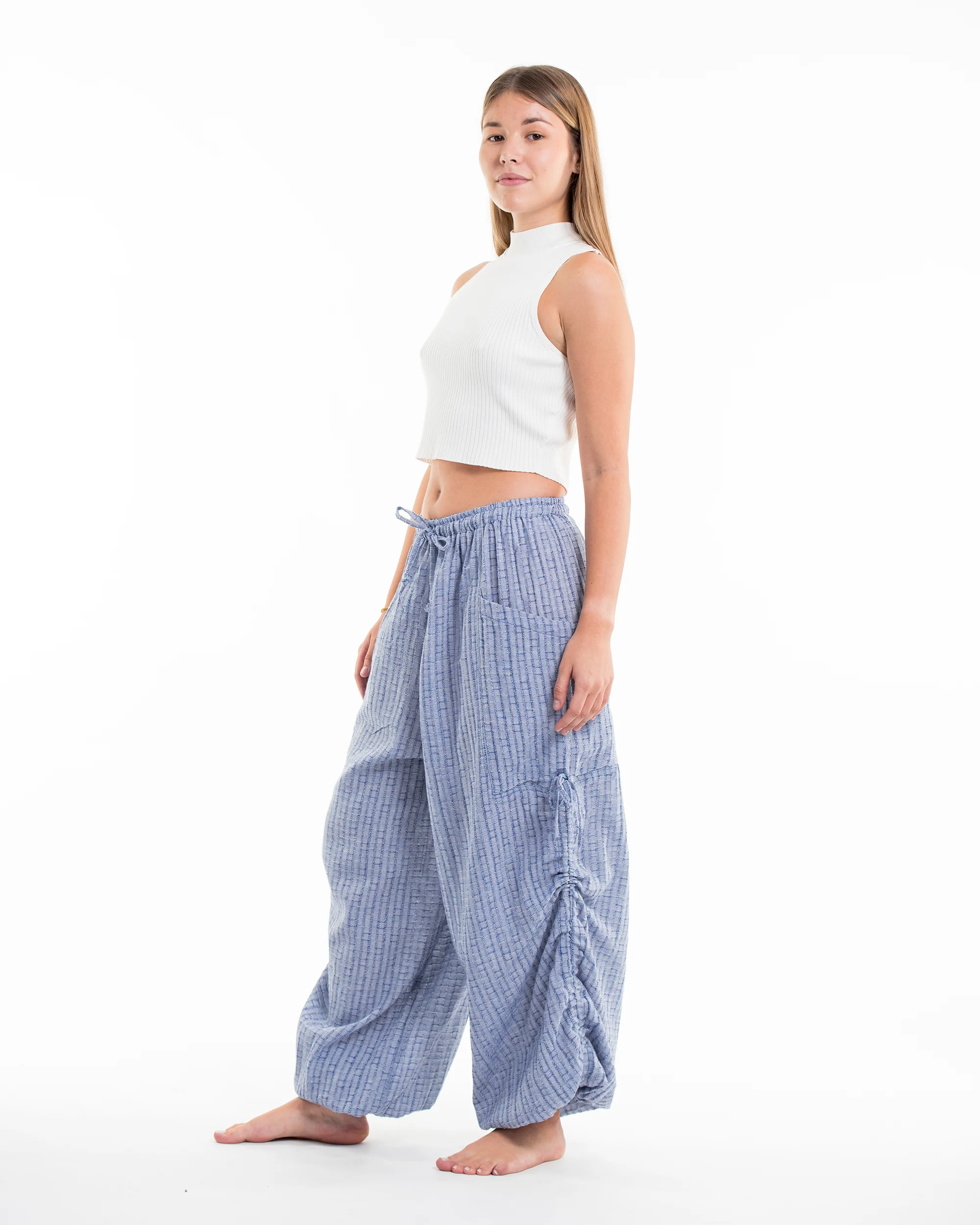 Women's Ribbed Tencel Cotton Blend Pants in Blue - Image 3