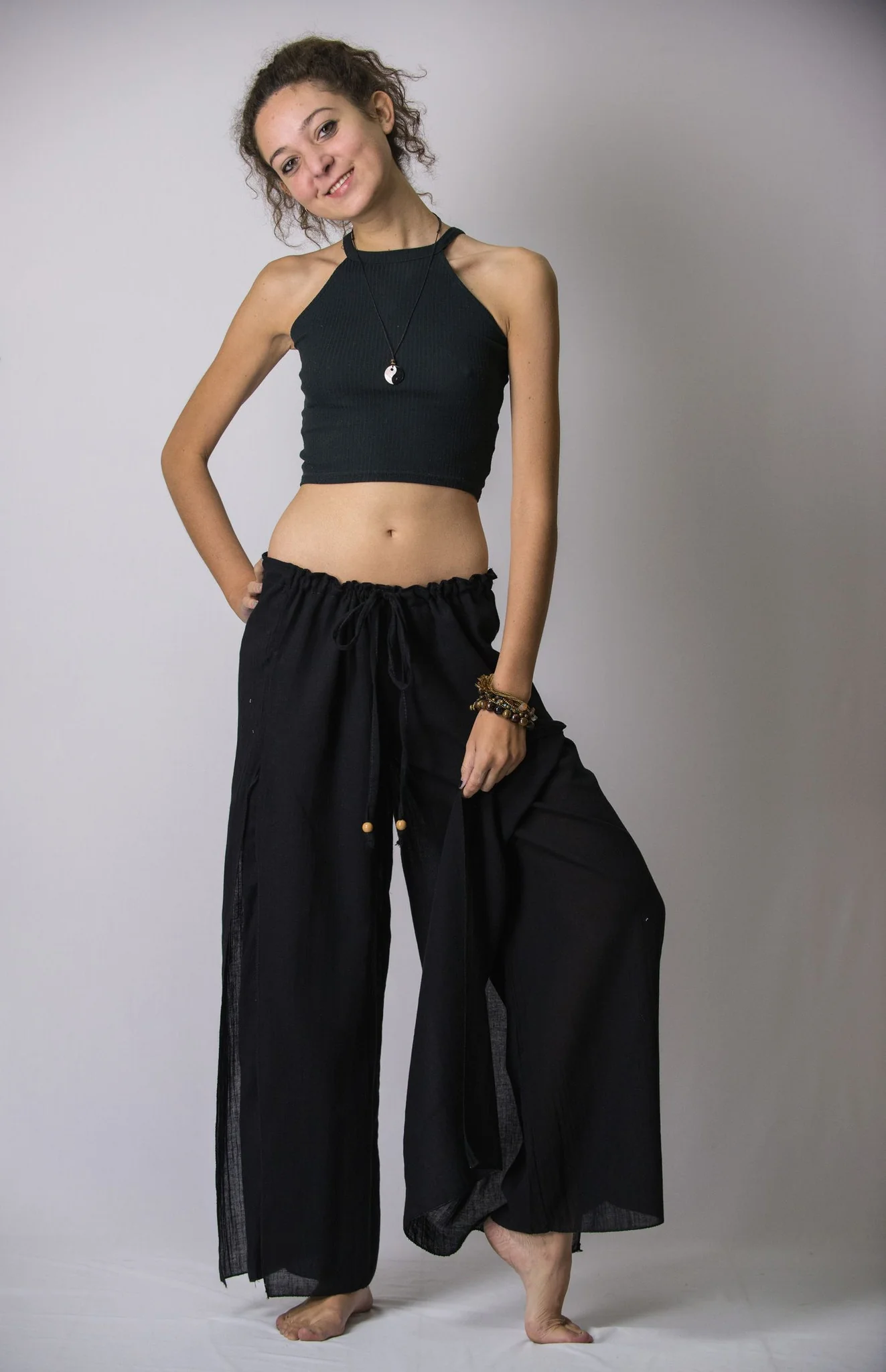 Women's Thai Harem Double Layers Palazzo Pants in Solid Black - Image 3