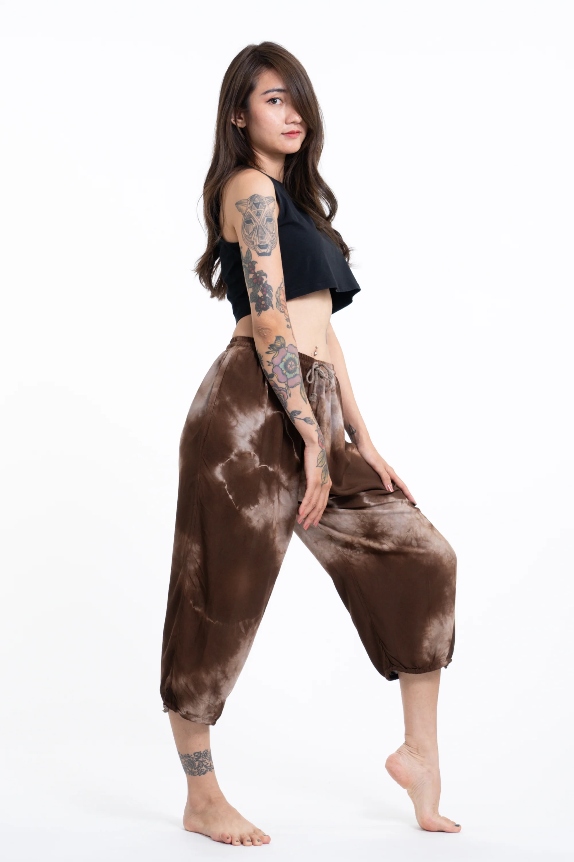 Women's Tie Dye Drawstring Yoga Massage Cropped Pants in Brown - Image 3