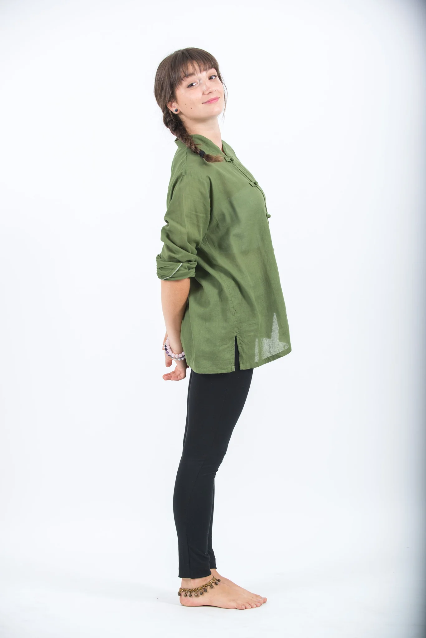 Womens Yoga Shirts Chinese Collared in Olive - Image 3