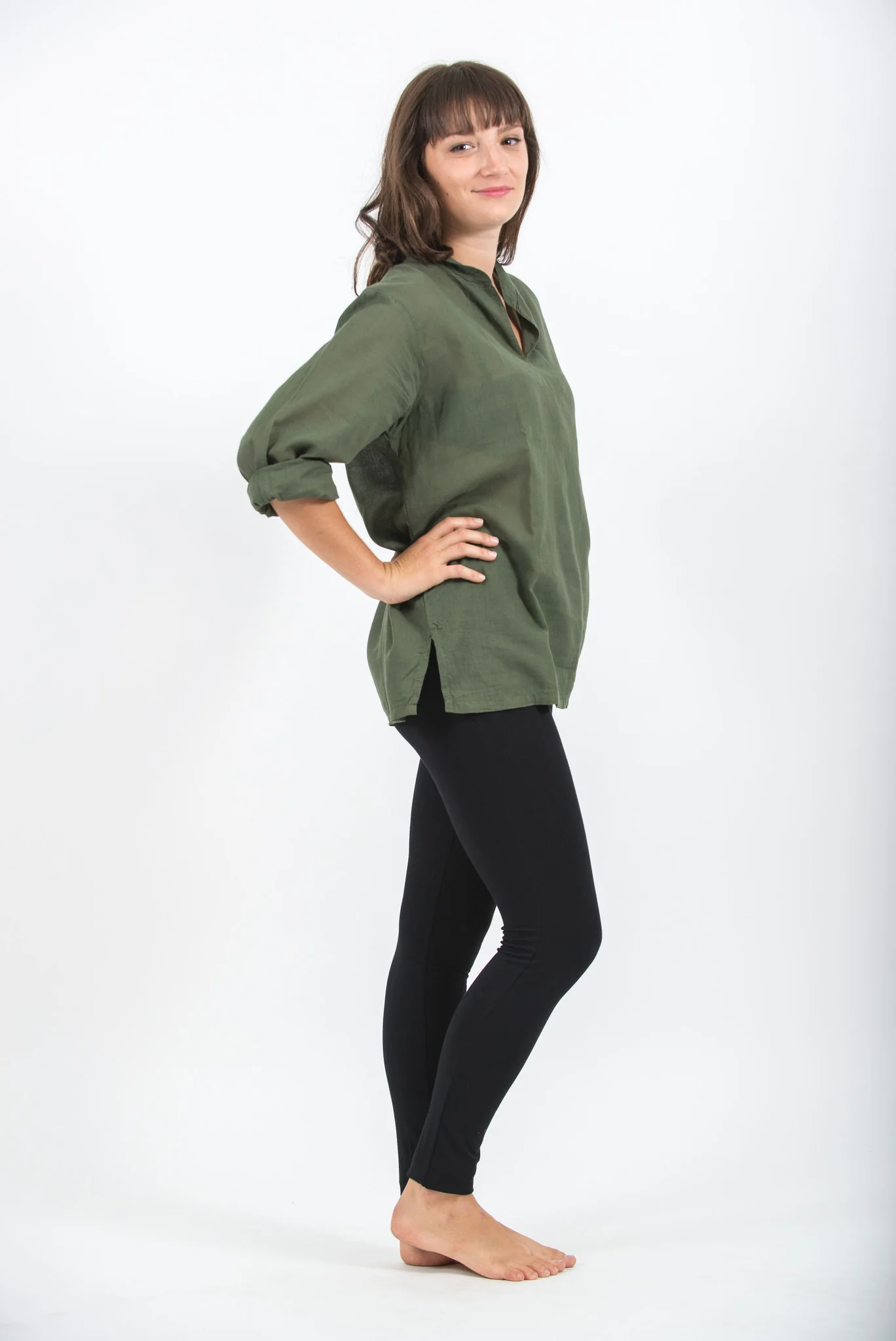 Womens Yoga Shirts Nehru Collared in Olive - Image 3