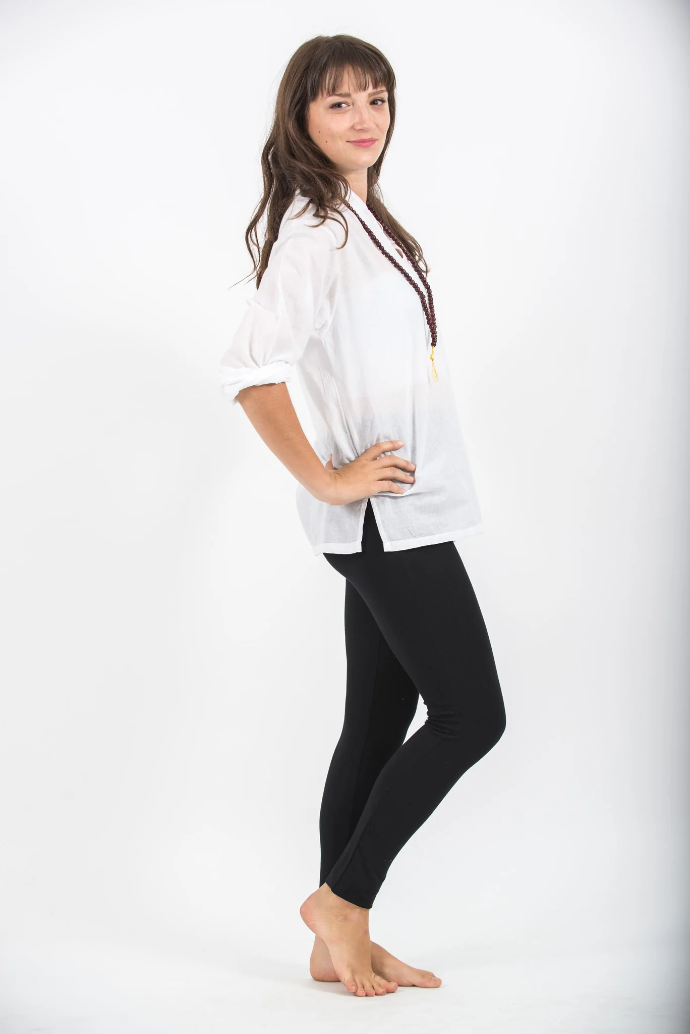 Womens Yoga Shirts Nehru Collared in White - Image 3