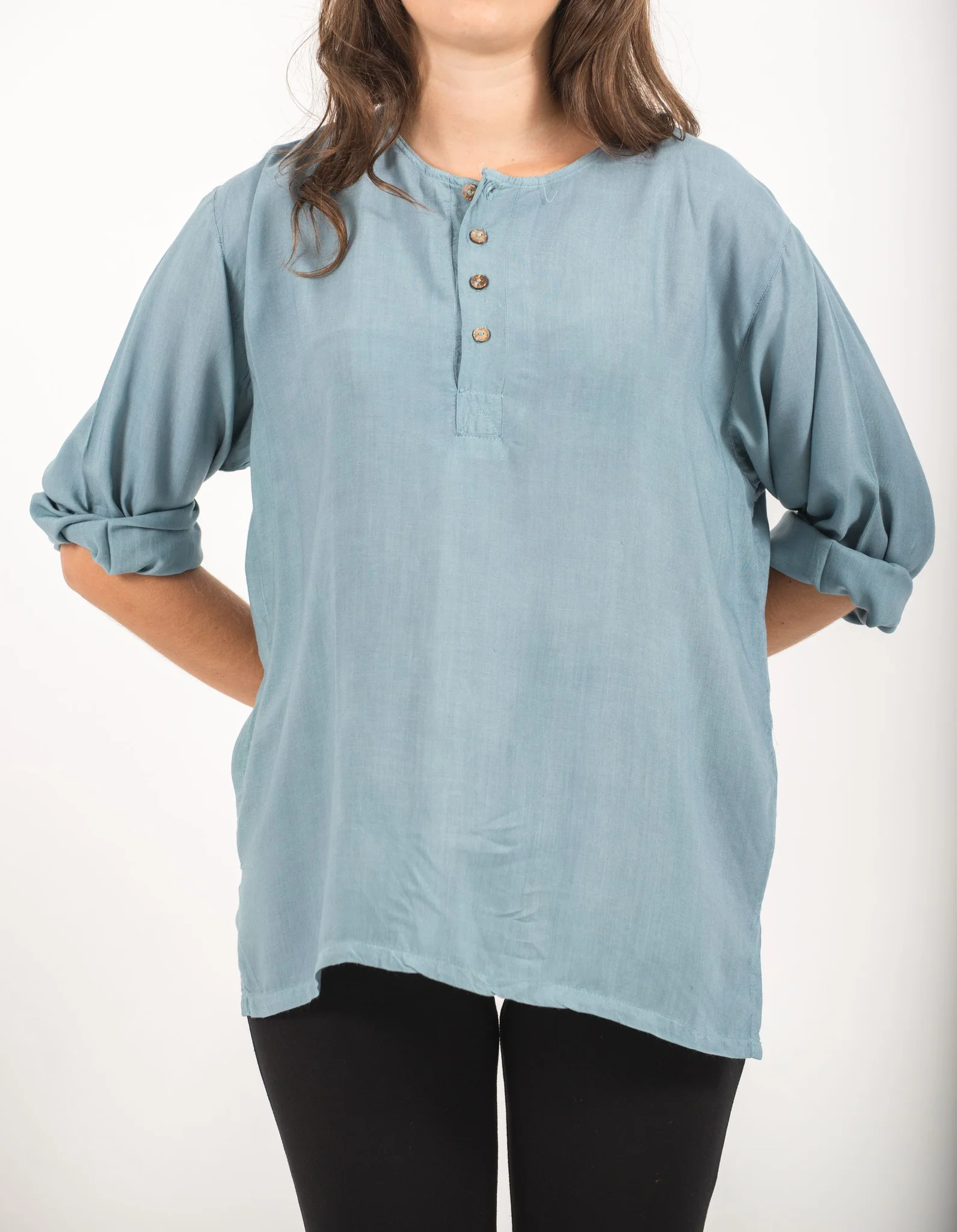 Womens Yoga Shirts No Collar with Coconut Buttons in Aqua - Image 2