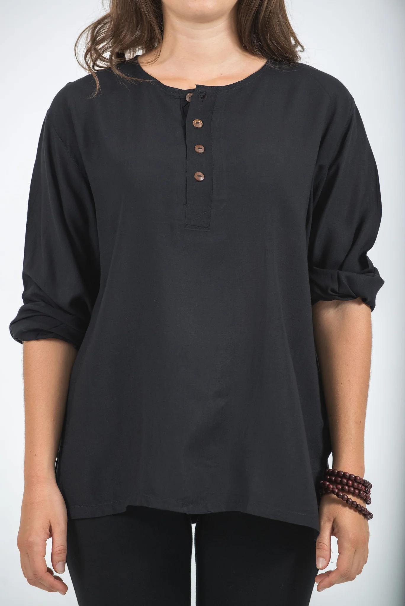 Womens Yoga Shirts No Collar with Coconut Buttons in Black - Image 2