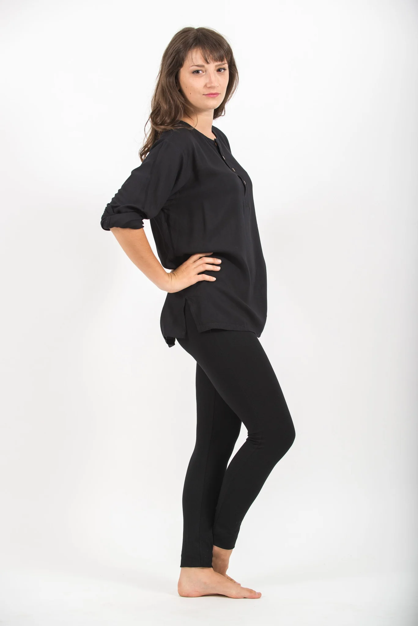 Womens Yoga Shirts No Collar with Coconut Buttons in Black - Image 3