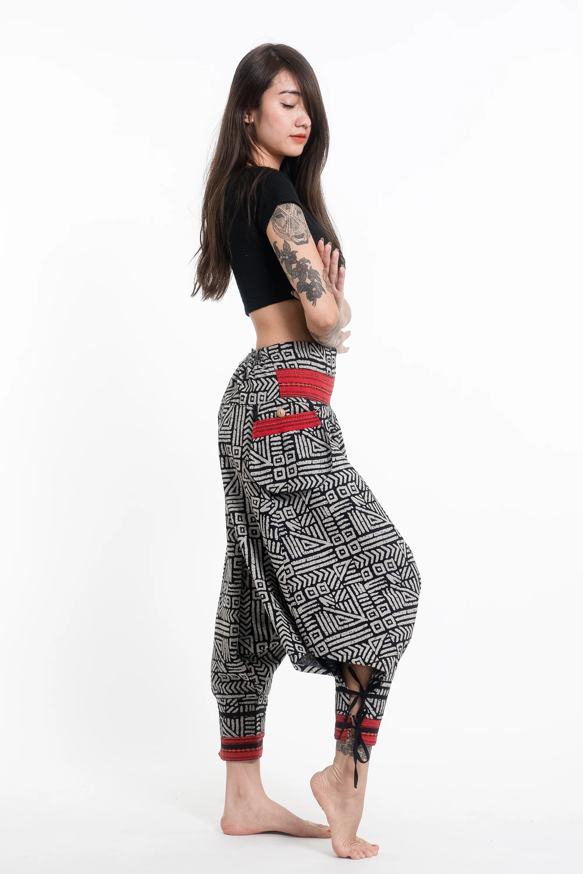 Woven Prints Thai Hill Tribe Fabric Women's Harem Pants with Ankle Straps in Black - Image 3