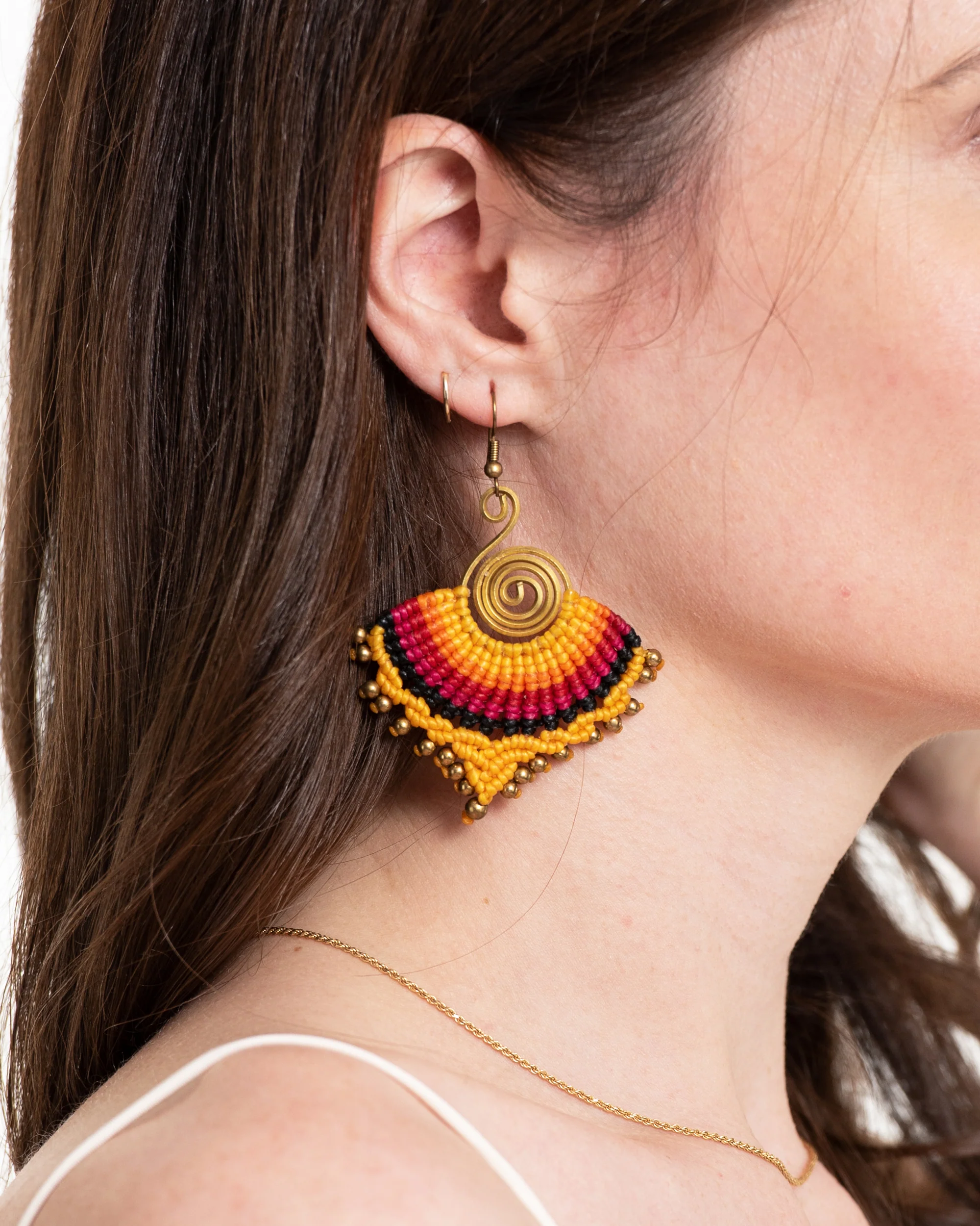 Yellow Sunset Waxed String Spiral Brass Earrings - Image 2